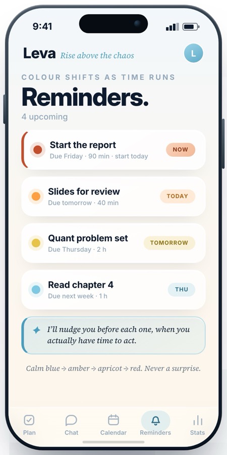 Leva app, Reminders screen: four upcoming tasks whose colour shifts as time runs