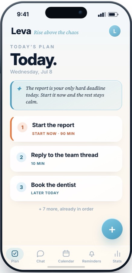 Leva app, Today's plan screen: three tasks in order with a start-now task highlighted